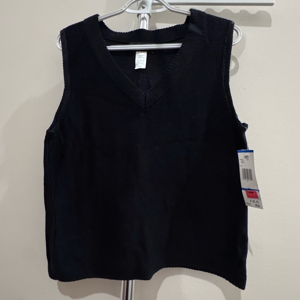 Jones New York Black V-Neck Knit Tank Top Swearer Vest 100% Cotton